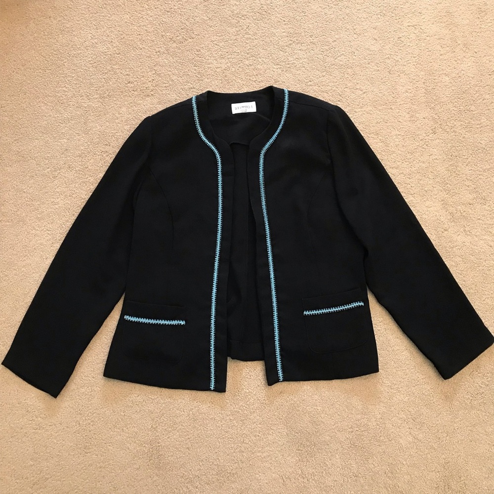 Studio Blazer Jacket Size 16 Black Light Blue Trim Pockets Easy Care Office Corp